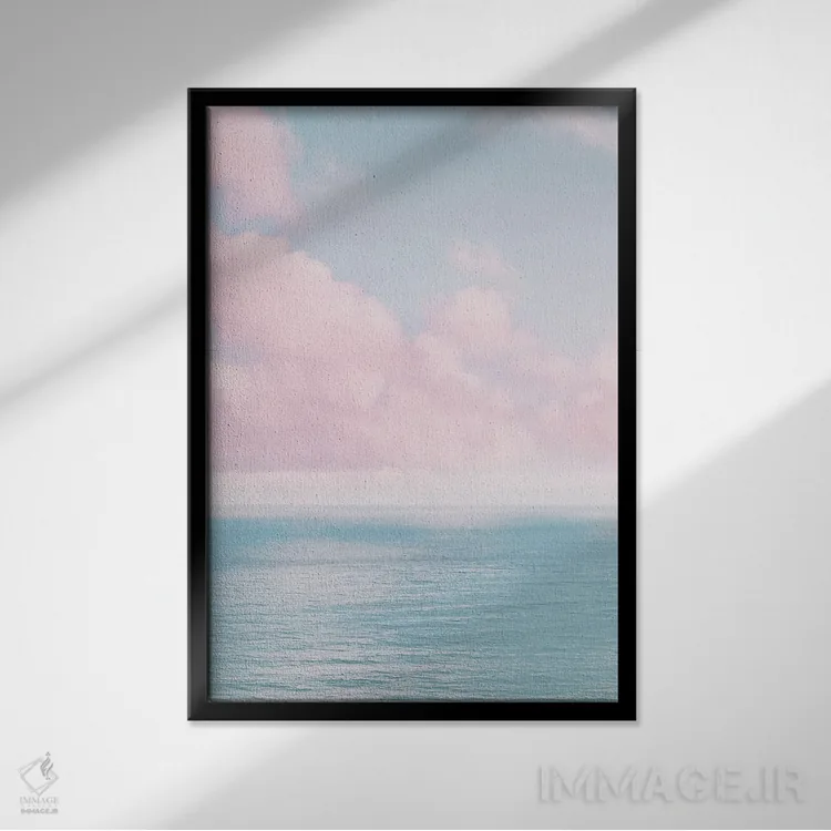تابلو دکوراتیو اقیانوس با ابرهای صورتی اثر کارن منداو - نمای قابدار مشکی