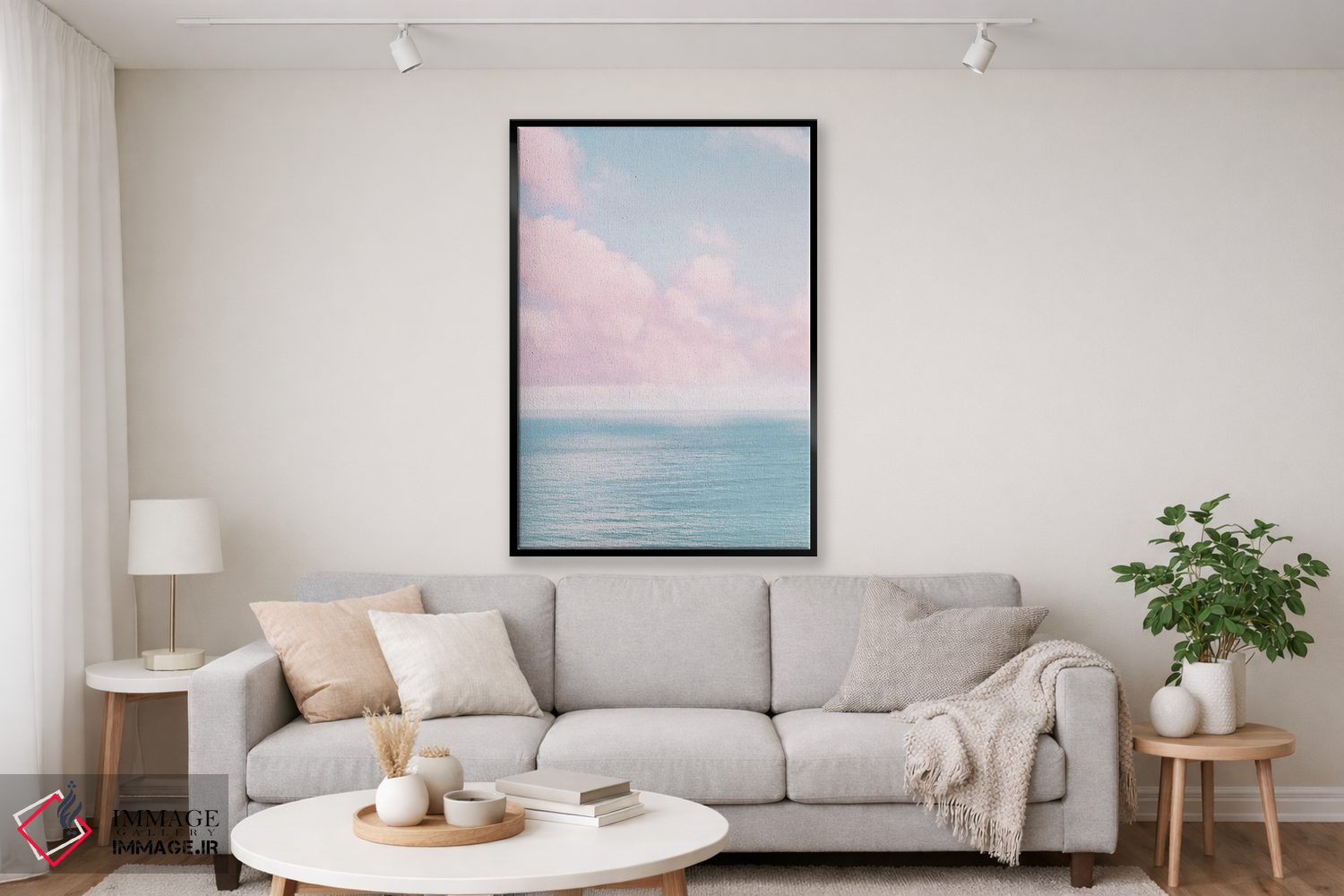 تابلو دکوراتیو اقیانوس با ابرهای صورتی اثر کارن منداو - D1B