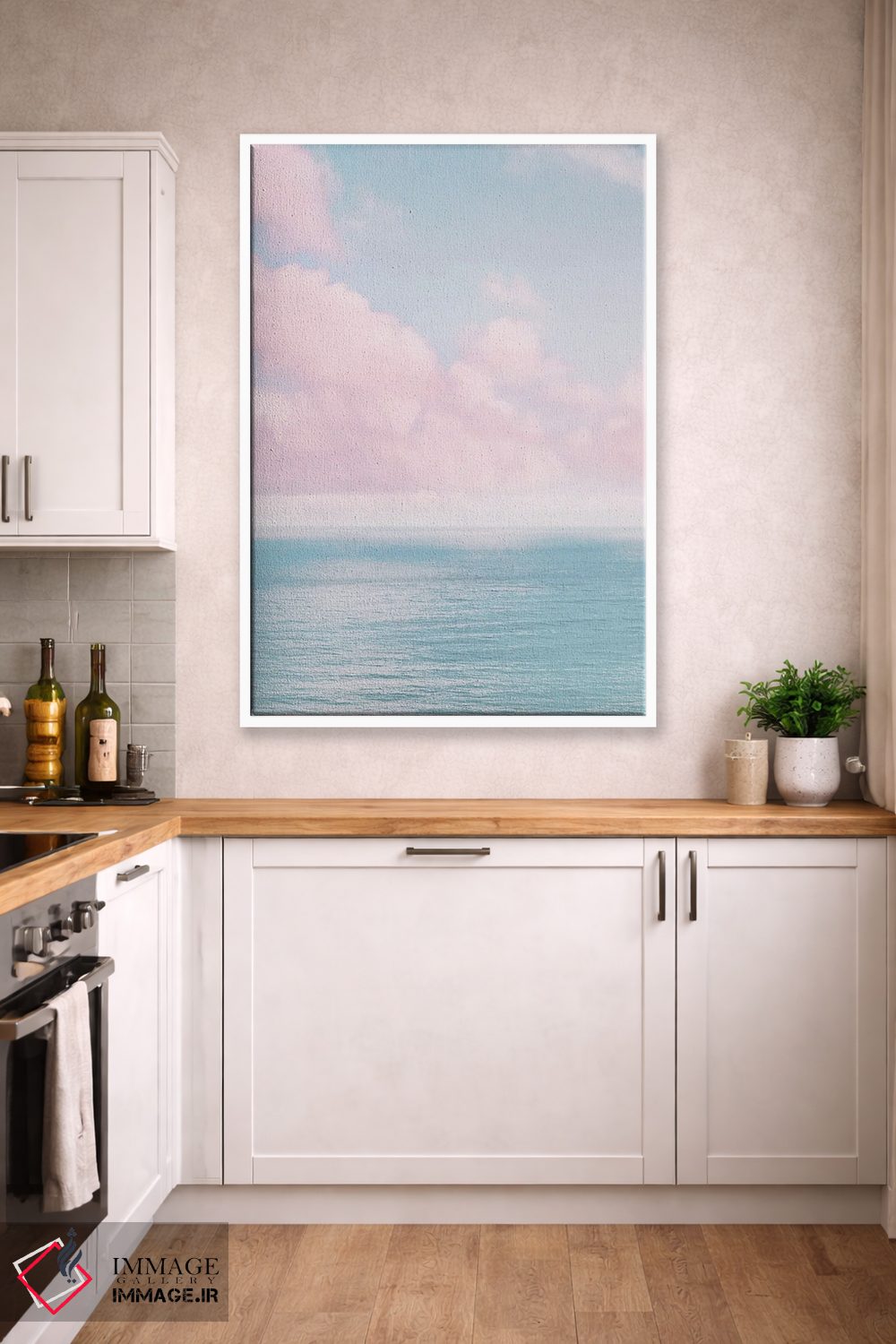 تابلو دکوراتیو اقیانوس با ابرهای صورتی اثر کارن منداو - D3W