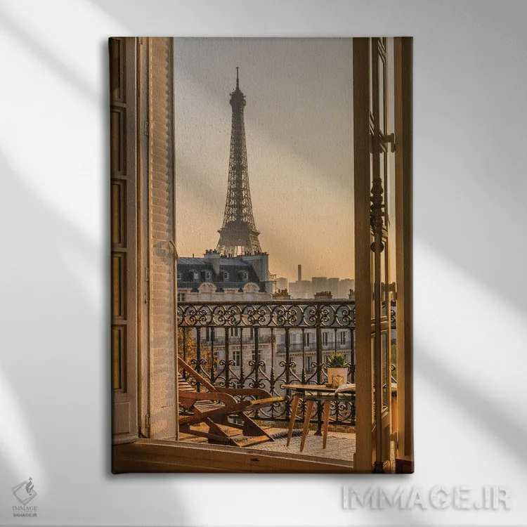 تابلو دکوراتیو بالکن پاریس با برج ایفل اثر کارن منداو - نمای روبهرو روی دیوار