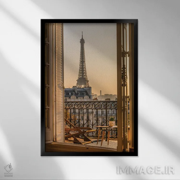 تابلو دکوراتیو بالکن پاریس با برج ایفل اثر کارن منداو - نمای قابدار مشکی