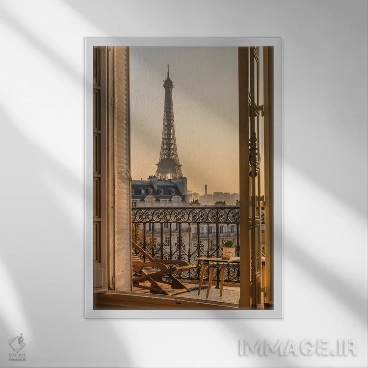تابلو دکوراتیو بالکن پاریس با برج ایفل اثر کارن منداو - نمای قابدار سفید