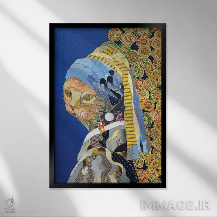 تابلو دکوراتیو گربه با گوشواره اثر کاستیانتین مالگینف - نمای قابدار مشکی