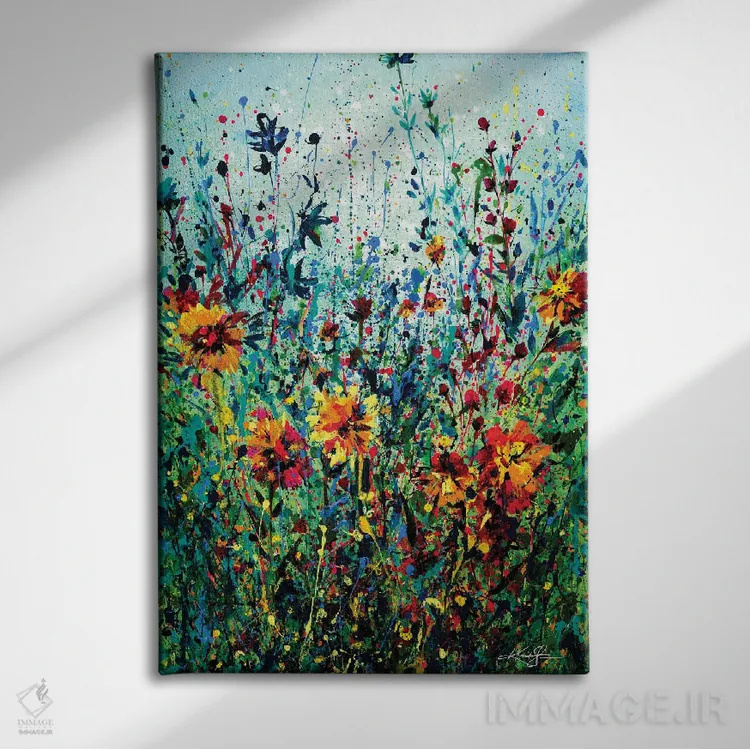 تابلو انتزاعی رویای گل ها چهارم اثر کتی مورتون استنیون - نمای روبهرو روی دیوار