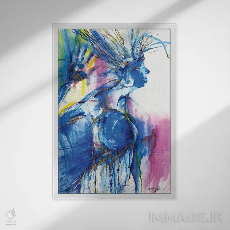 تابلو دکوراتیو زن آبی اثر کتی مورتون استنیون - نمای قابدار سفید