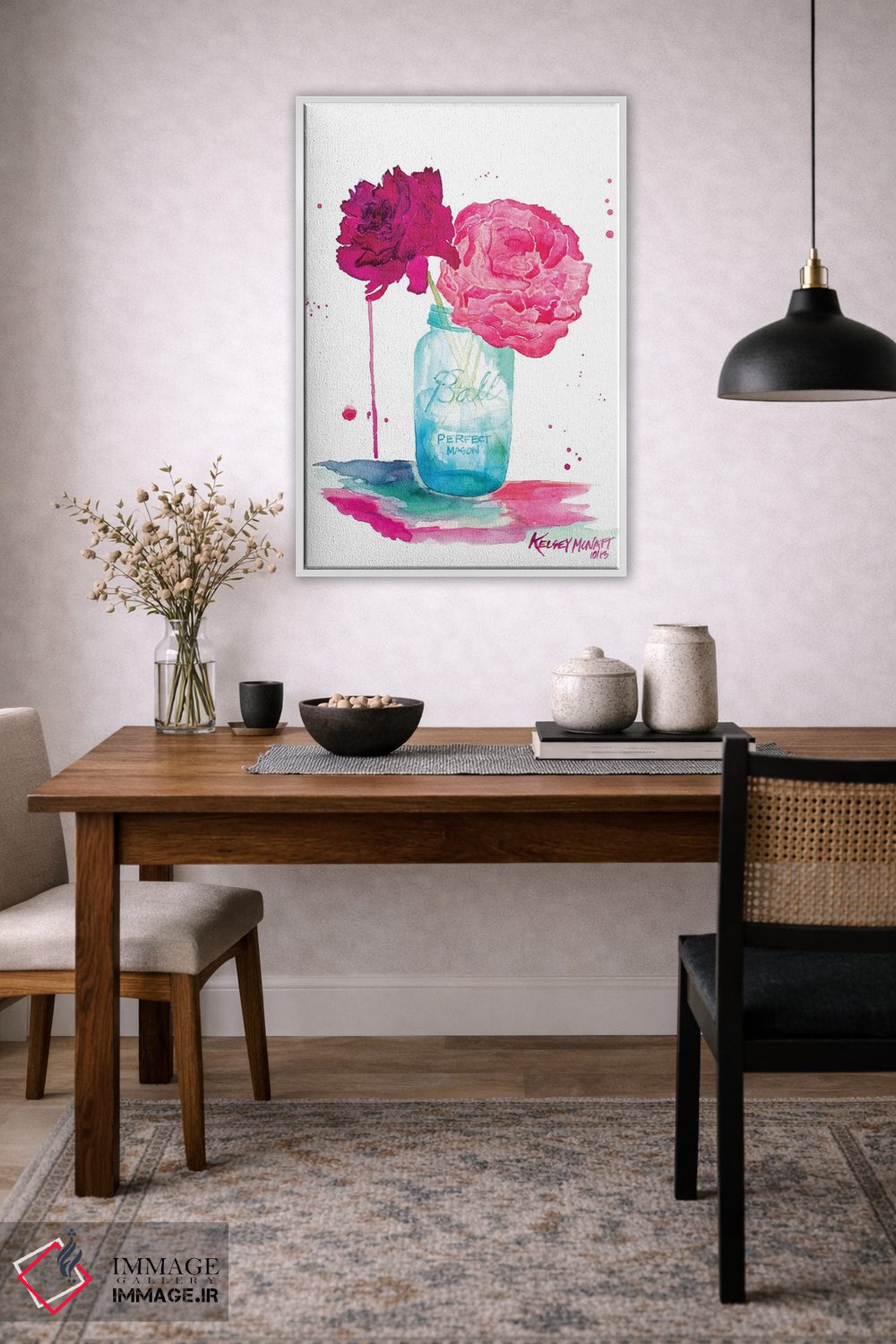 تابلو دکوراتیو گل های صدتومانی و شیشه ماسون اثر کلسی مک نت - D3W