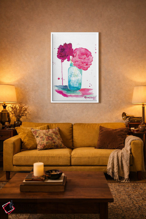 تابلو دکوراتیو گل های صدتومانی و شیشه ماسون اثر کلسی مک نت - D2W