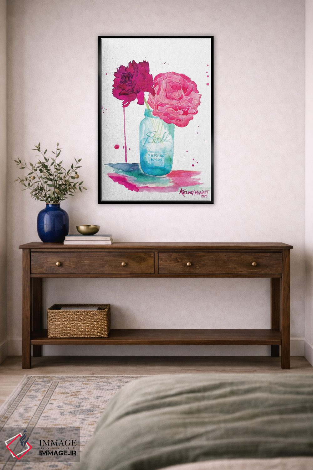 تابلو دکوراتیو گل های صدتومانی و شیشه ماسون اثر کلسی مک نت - D5B