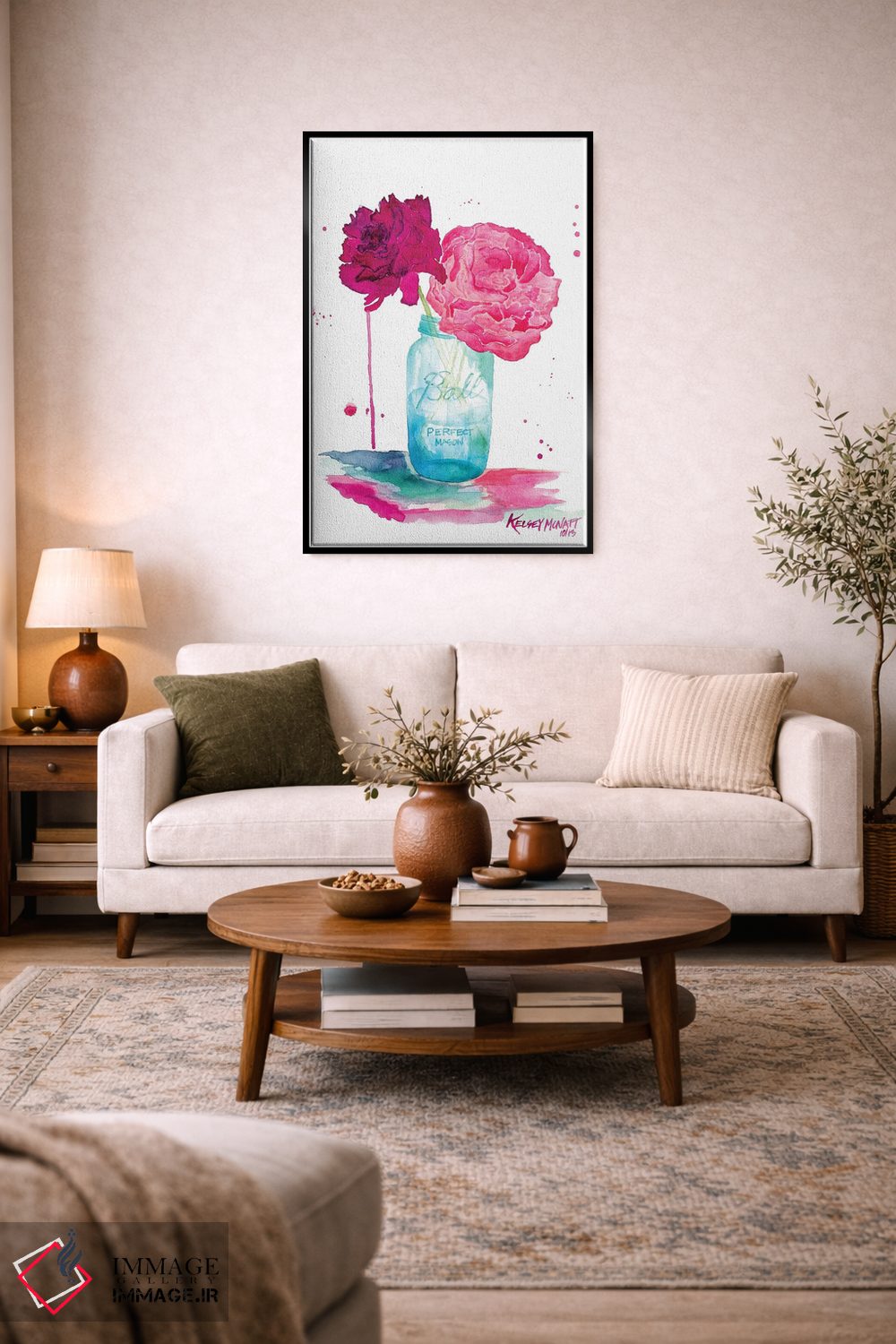 تابلو دکوراتیو گل های صدتومانی و شیشه ماسون اثر کلسی مک نت - D4B