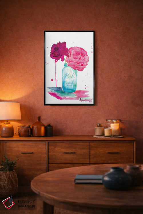 تابلو دکوراتیو گل های صدتومانی و شیشه ماسون اثر کلسی مک نت - D6B