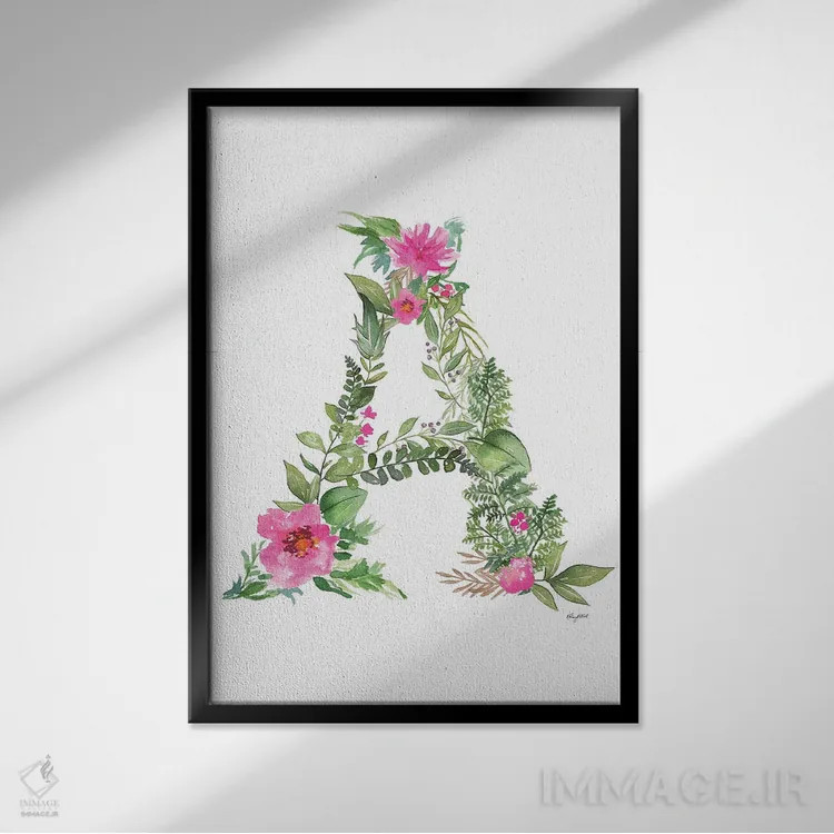 تابلو دکوراتیو حرف A گیاهی اثر کلسی مک نت - نمای قابدار مشکی