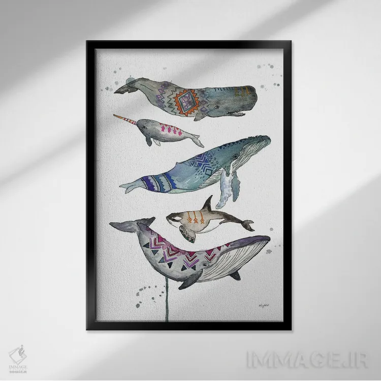 تابلو دکوراتیو نهنگ های قبیله ای اثر کلسی مک نت - نمای قابدار مشکی