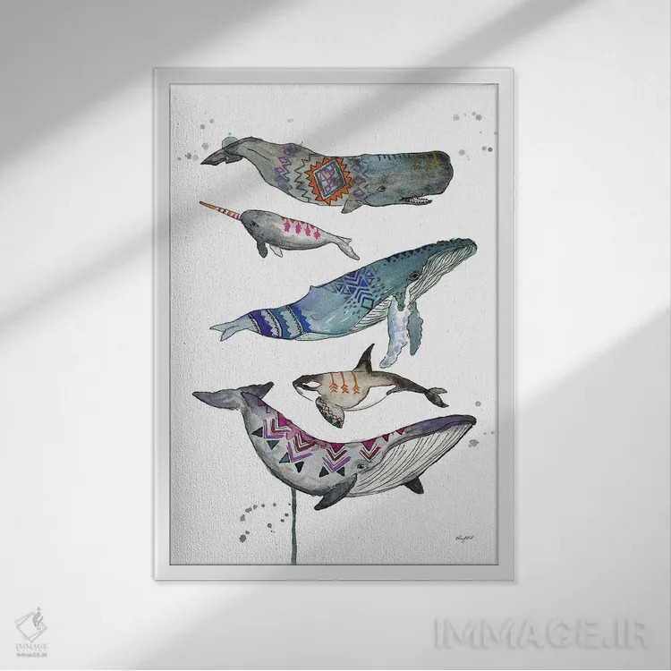 تابلو دکوراتیو نهنگ های قبیله ای اثر کلسی مک نت - نمای قابدار سفید