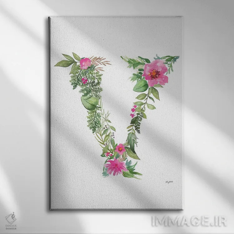 تابلو دکوراتیو حرف V گیاهی اثر کلسی مک نت - نمای روبهرو روی دیوار