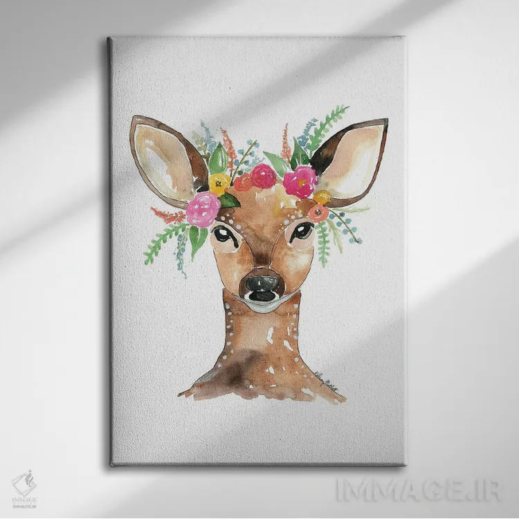 تابلو دکوراتیو گوزن با تاج گل اثر کلسی مک نت - نمای روبهرو روی دیوار