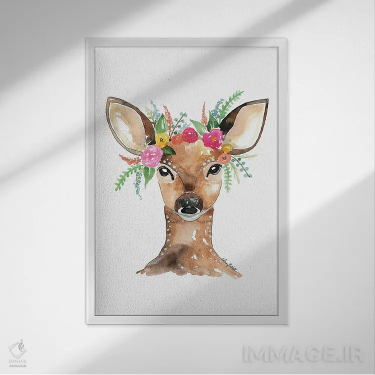 تابلو دکوراتیو گوزن با تاج گل اثر کلسی مک نت - نمای قابدار سفید