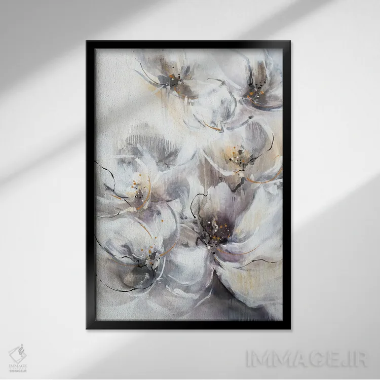 تابلو انتزاعی شکوفه های مرواریدی اثر کی. ناری - نمای قابدار مشکی