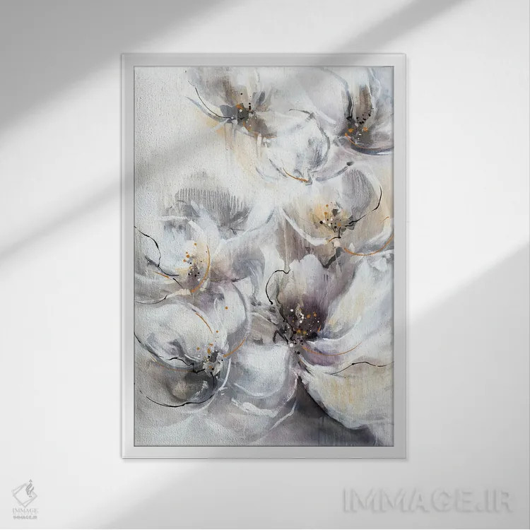 تابلو انتزاعی شکوفه های مرواریدی اثر کی. ناری - نمای قابدار سفید