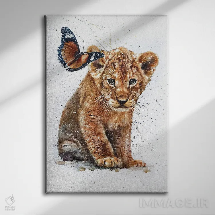 تابلو دکوراتیو شیر با پروانه اثر کنستانتین کالینین - نمای روبهرو روی دیوار