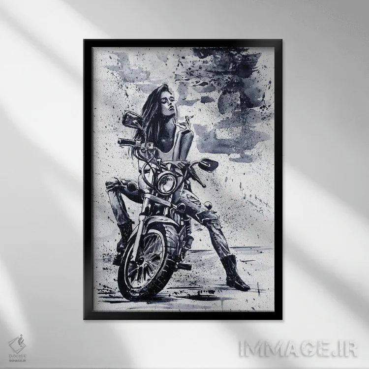 تابلو دکوراتیو دختر موتورسوار اثر کنستانتین کالینین - نمای قابدار مشکی