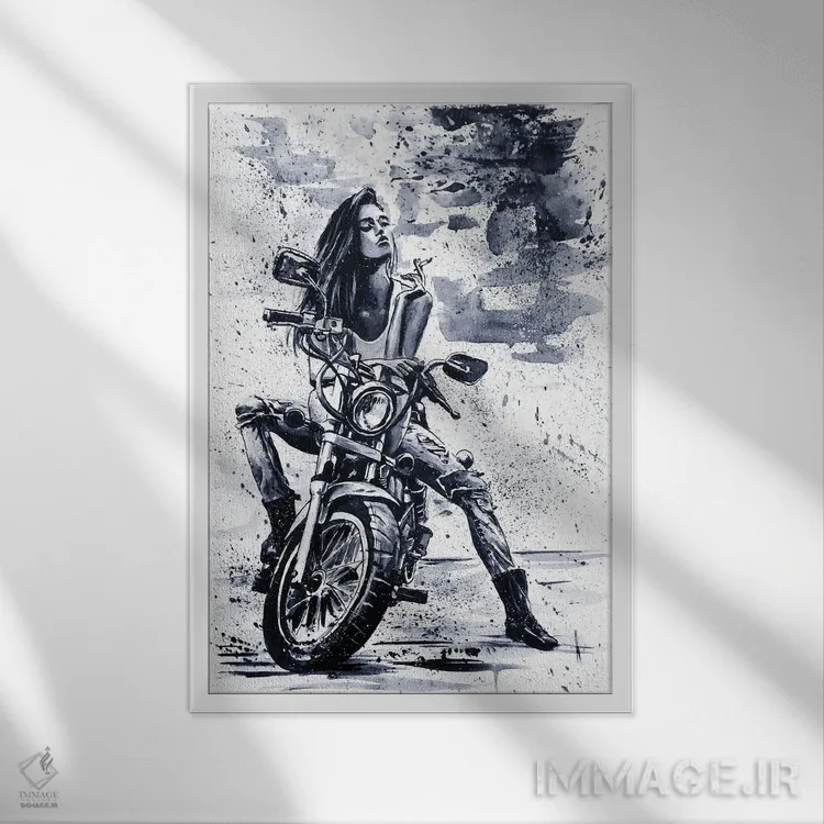تابلو دکوراتیو دختر موتورسوار اثر کنستانتین کالینین - نمای قابدار سفید
