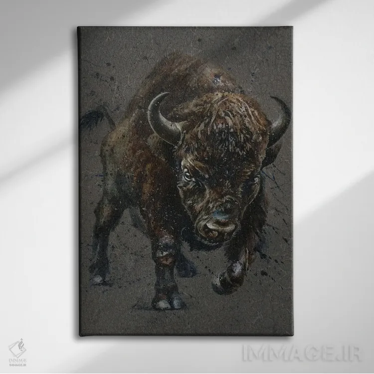 تابلو دکوراتیو بوفالوی قهوه ای اثر کنستانتین کالینین - نمای روبهرو روی دیوار