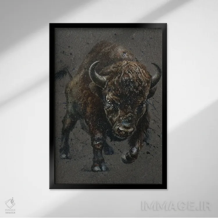 تابلو دکوراتیو بوفالوی قهوه ای اثر کنستانتین کالینین - نمای قابدار مشکی