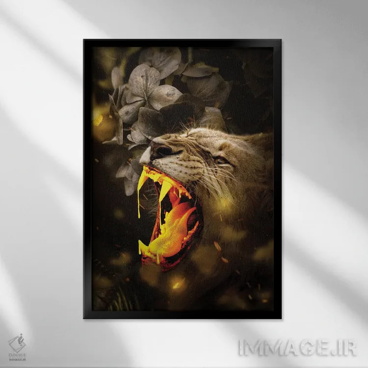 تابلو دکوراتیو شیر طلایی اثر میلوش کارانوویچ - نمای قابدار مشکی