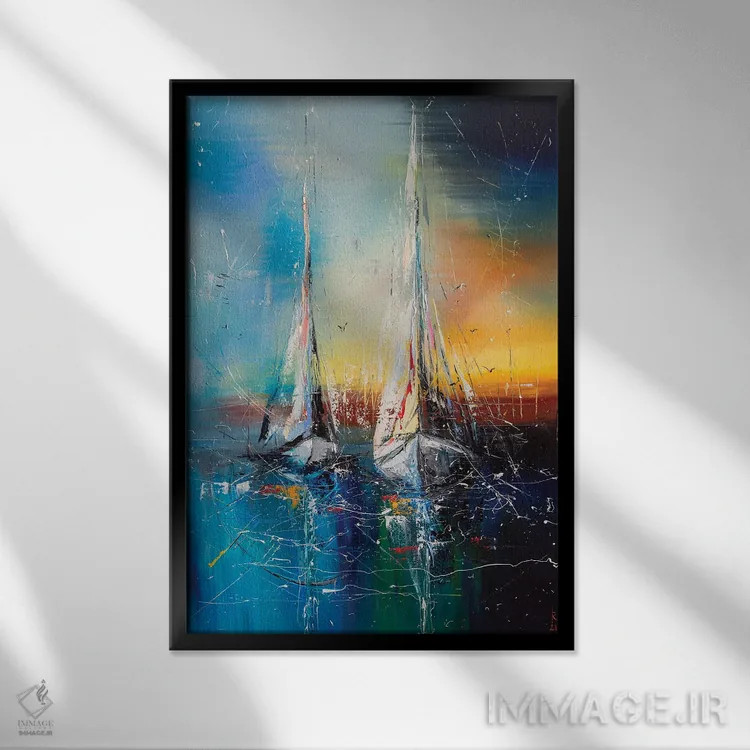 تابلو دکوراتیو قایق های بادبانی در غروب اثر کوپتسووا آرت - نمای قابدار مشکی