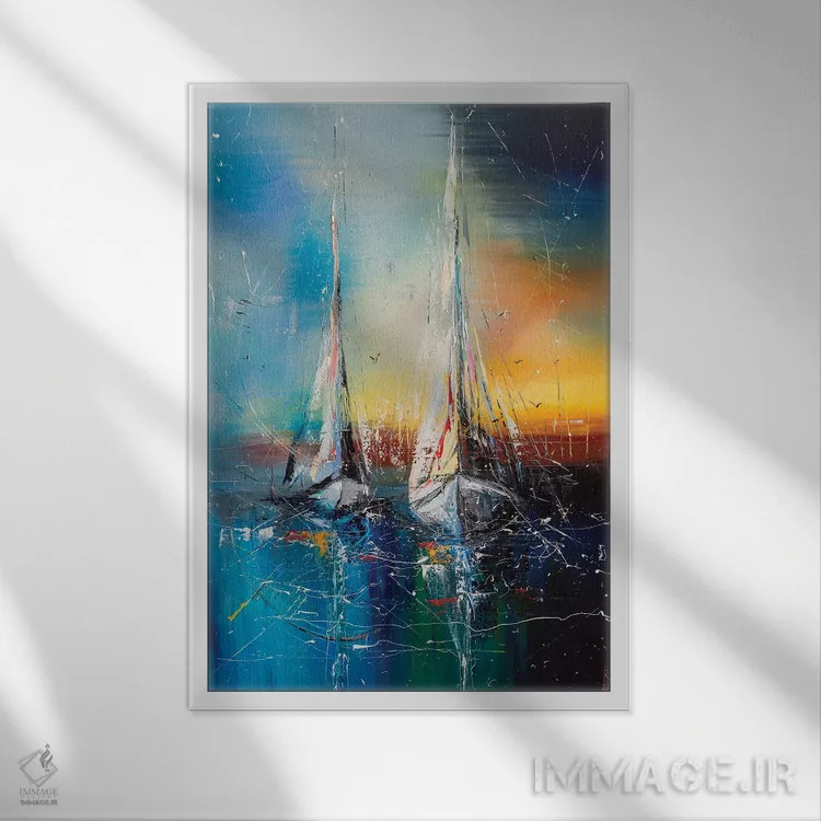 تابلو دکوراتیو قایق های بادبانی در غروب اثر کوپتسووا آرت - نمای قابدار سفید