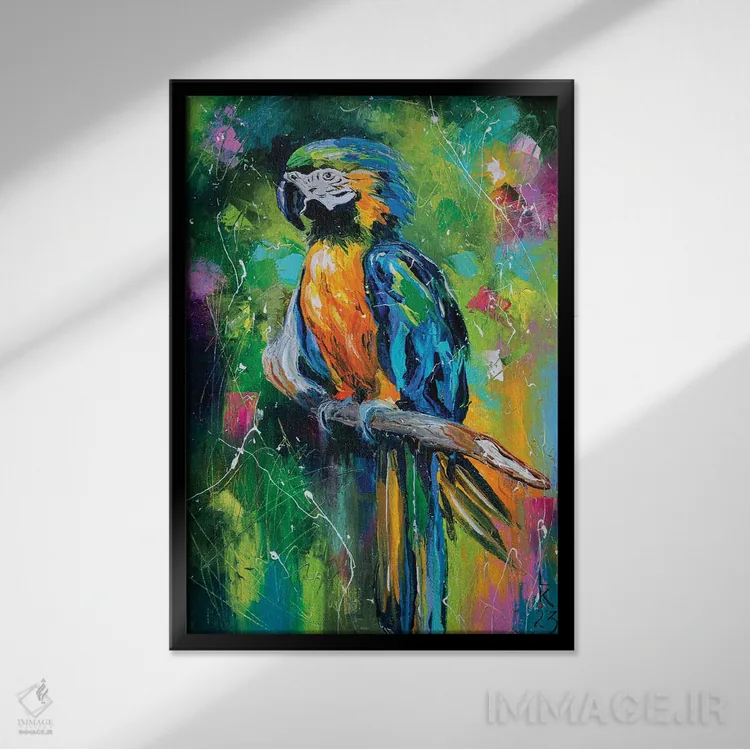 تابلو دکوراتیو طوطی اثر کوپتسووا آرت - نمای قابدار مشکی