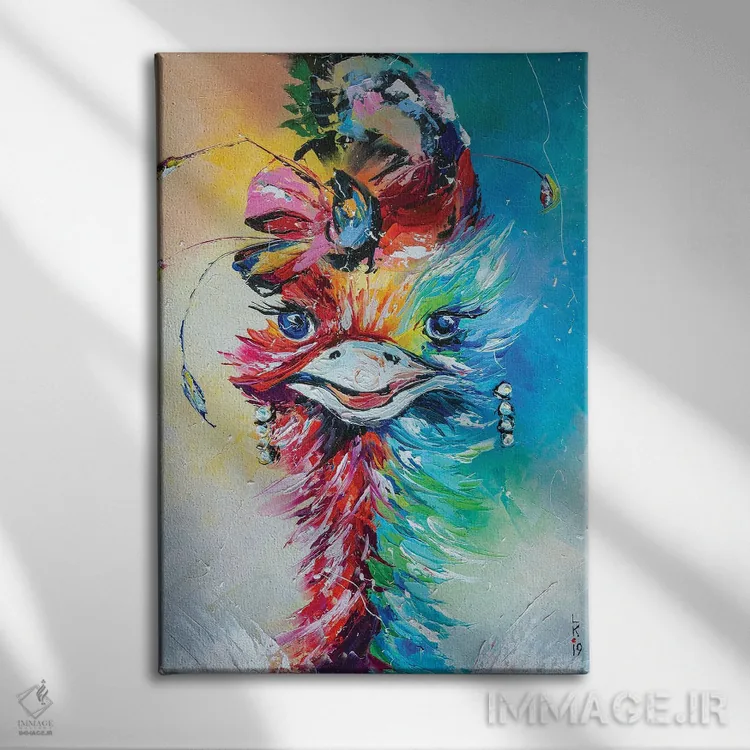 تابلو دکوراتیو شترمرغ شیک پوش اثر کوپتسووا آرت - نمای روبهرو روی دیوار