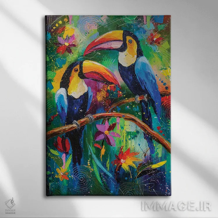 تابلو دکوراتیو توکان های شاد اثر کوپتسووا آرت - نمای روبهرو روی دیوار