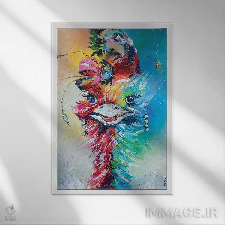 تابلو دکوراتیو شترمرغ شیک پوش اثر کوپتسووا آرت - نمای قابدار سفید