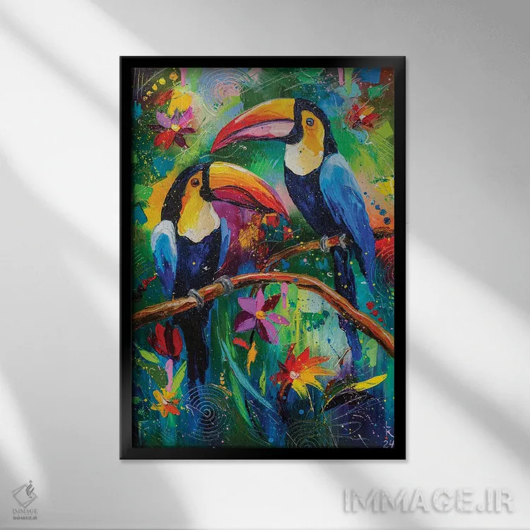 تابلو دکوراتیو توکان های شاد اثر کوپتسووا آرت - نمای قابدار مشکی