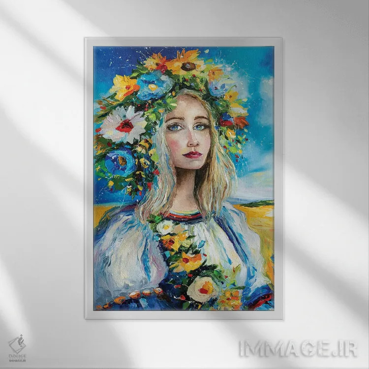 تابلو دکوراتیو زن اوکراینی اثر کوپتسووا آرت - نمای قابدار سفید