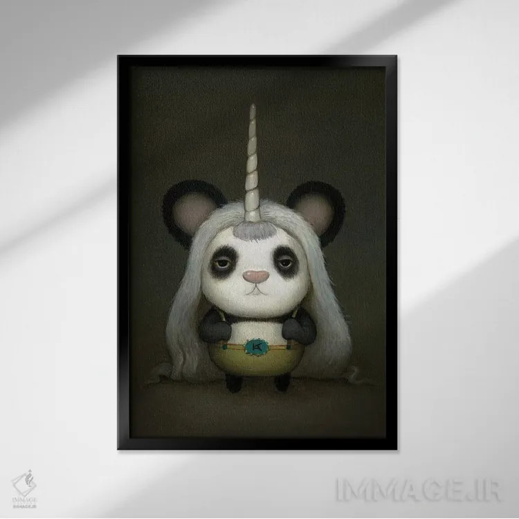 تابلو دکوراتیو پاندای شاخدار کوچک اثر کریستین آدام - نمای قابدار مشکی