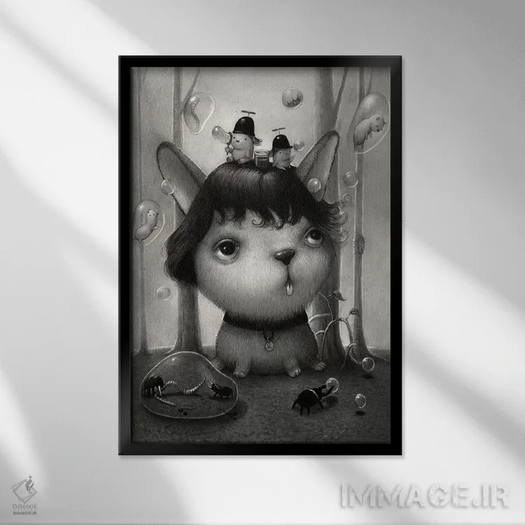 تابلو دکوراتیو پسران حبابی اثر کریستین آدام - نمای قابدار مشکی