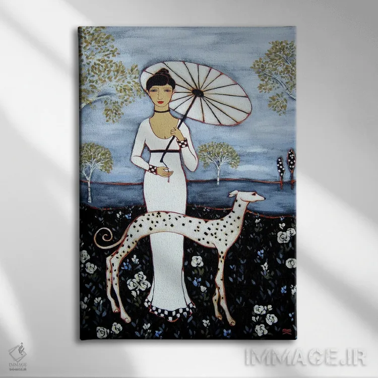 تابلو دکوراتیو زن با درختان توس و سگ دالماتین اثر کارن ریگر - نمای روبهرو روی دیوار