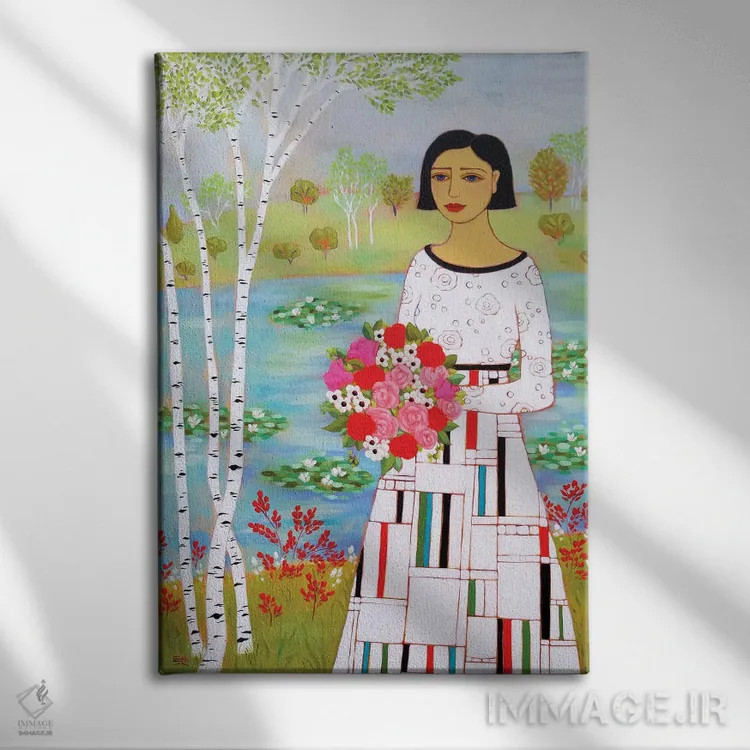 تابلو دکوراتیو زن با درختان توس اثر کارن ریگر - نمای روبهرو روی دیوار