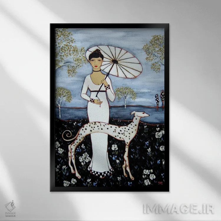 تابلو دکوراتیو زن با درختان توس و سگ دالماتین اثر کارن ریگر - نمای قابدار مشکی