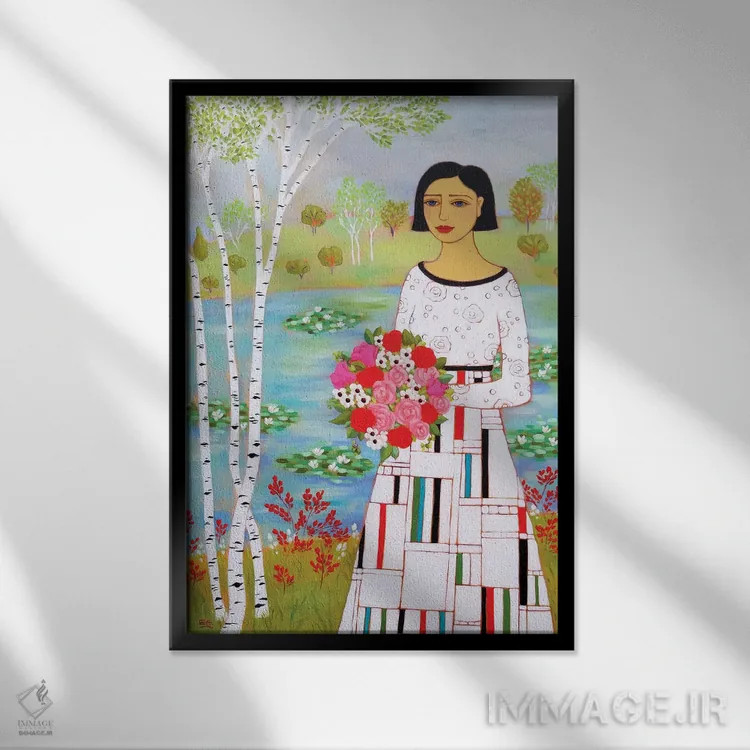 تابلو دکوراتیو زن با درختان توس اثر کارن ریگر - نمای قابدار مشکی