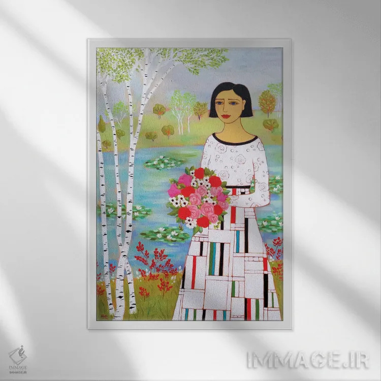 تابلو دکوراتیو زن با درختان توس اثر کارن ریگر - نمای قابدار سفید