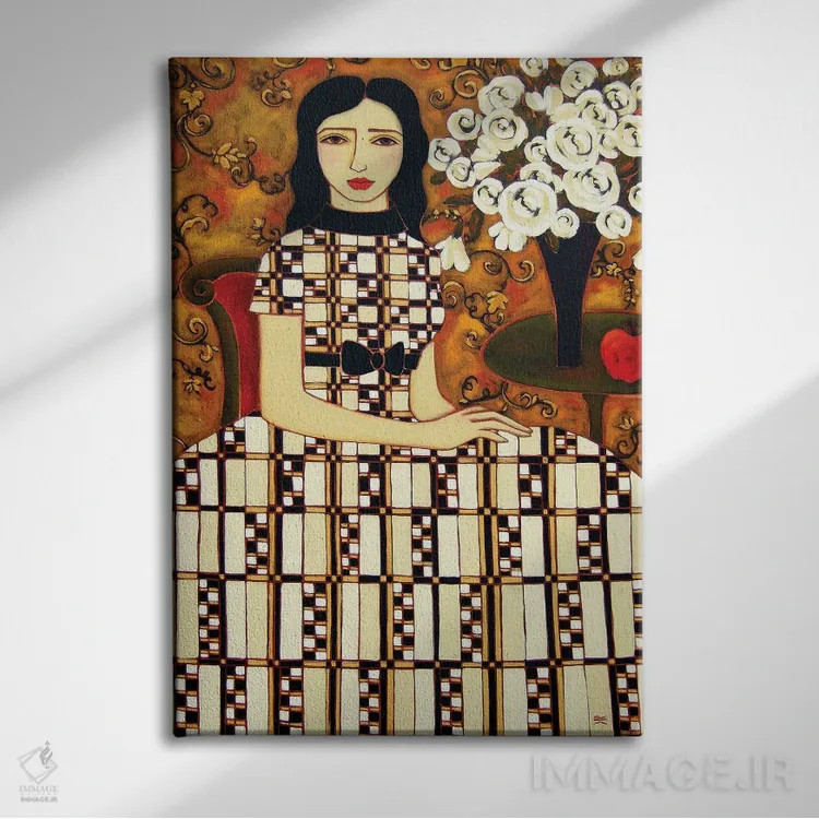 تابلو دکوراتیو زن با گل های رز سفید و سیب اثر کارن ریگر - نمای روبهرو روی دیوار