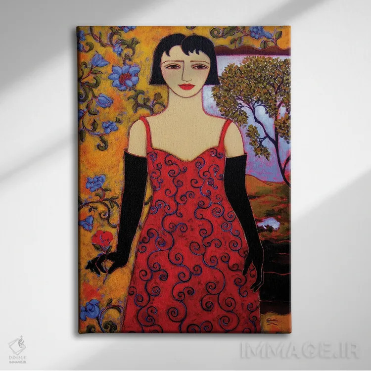 تابلو دکوراتیو زن با منظره و گل رز اثر کارن ریگر - نمای روبهرو روی دیوار