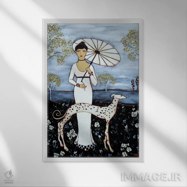تابلو دکوراتیو زن با درختان توس و سگ دالماتین اثر کارن ریگر - نمای قابدار سفید