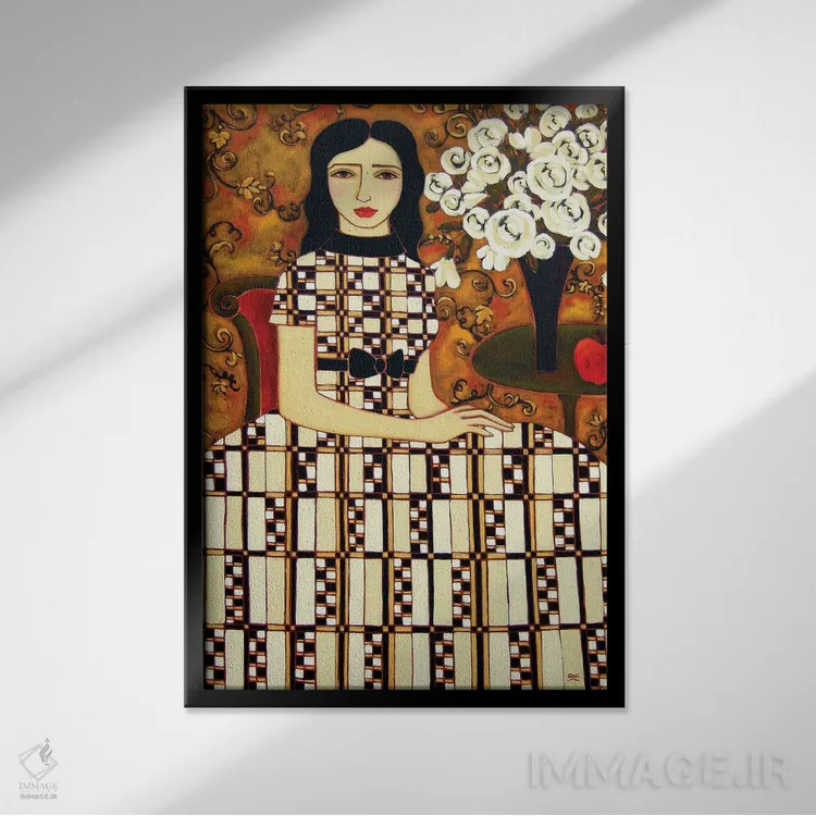 تابلو دکوراتیو زن با گل های رز سفید و سیب اثر کارن ریگر - نمای قابدار مشکی