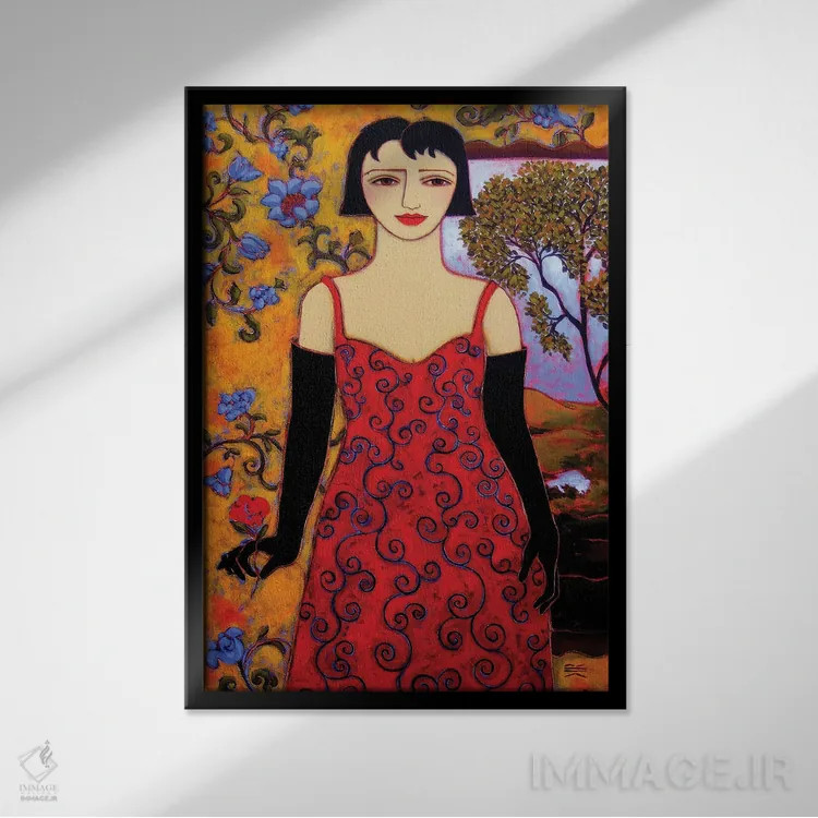 تابلو دکوراتیو زن با منظره و گل رز اثر کارن ریگر - نمای قابدار مشکی