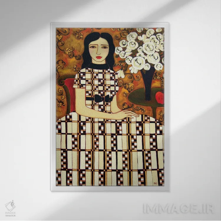 تابلو دکوراتیو زن با گل های رز سفید و سیب اثر کارن ریگر - نمای قابدار سفید