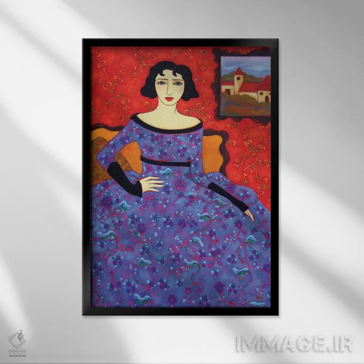 تابلو دکوراتیو زن با لباس لاجوردی اثر کارن ریگر - نمای قابدار مشکی